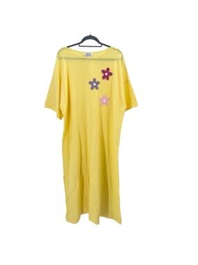 Vintage 70s Habits Yellow Crinkle Embellished House Beach Maxi Shirt Dress Large